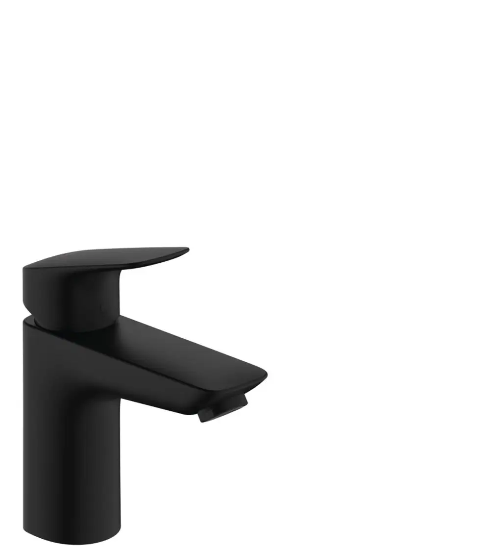 Einhebel-Waschtischmischer in Mattschwarz von Hansgrohe mit modernem Design und integriertem Zugstangen-Ablauf. Geeignet für Badezimmeranwendungen.